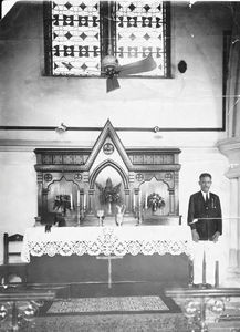 Madras (Chennai), Arcot, South India. The Altar at Broadway Church. Rev. V. E. Manickam standin