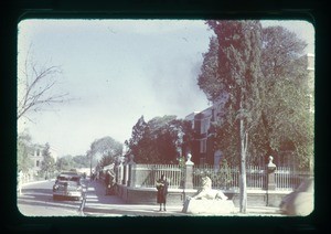 City street with lion statue