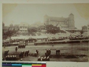 Troops on review in front of Anglican Church, Ambohimanoro, Andohalo, Antananarivo, Madagascar, 1896-07-14