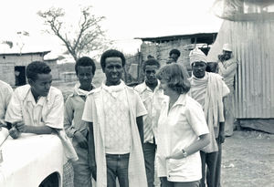 Ethiopia, the Bale Province. From the Melka Oda camp, 1980. Nurse Helene Olesen and local staff