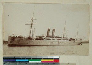 The steamship DUNUYYAN CASTLE with two funnels and a mast, Zanzibar, 1897