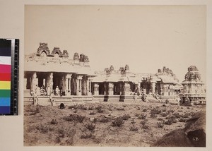 Large groups of men standing by temple, Hampi, India, ca. 1880-1890