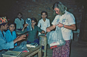 United Mission to Nepal. DSM/UMN Missionary Tove Madsen with pupils at the Namjung School, Gorh