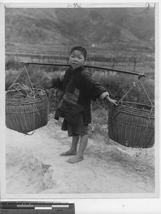 A typical boy gathering twigs at Wuzhou, China