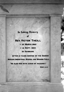 Memorial for missionary, Rev. Victor Theill, born March 23, 1885, died Sept. 14, 1933 in Denmar