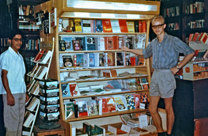 DMA Bookshop in Aden. New exihibition stand with Abdulla and Jørgen Nørgaard Pedersen, 1964