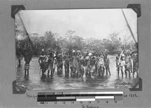 Missionaries are crossing the Kiwira River near Makota, Tanzania, 1892