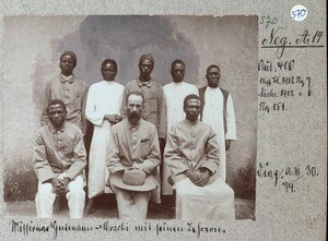 Missionary Gutmann with his teachers, Moshi, Tanzania, ca.1900-1912