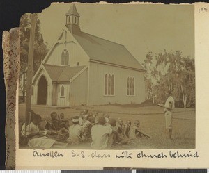 Sunday school class and church, Kikuyu, Kenya, 1918