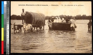 Missionaries and men crossing a river, Hindustan, India, ca.1920-1940