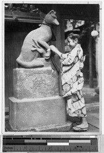 Girl tying her wishes on the stone fox of Inari temple, Japan, ca. 1932