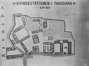 Postcard with a map over the women's station in Takushan 1927