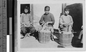 Blind girls with fish nets, Yeung Kong, China, ca. 1930