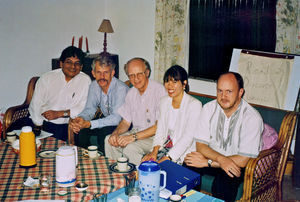 Dhaka, Bangladesh, 2000. Bestyrelsesmøde i UMB International. Fra venstre: Prodip Dowa, medarbejder i WC - Peter Quesenberry, WC - Jørgen Nørgaard Pedersen, Danmission - Margrethe Kleiber, ELCA -Tage Holmann Sørensen, medarbejder i Danmission