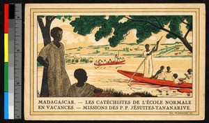 Drawing of catechist boaters on a lake, Madagascar, ca.1920-1940