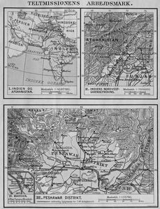 Kort over Teltmissionens Arbejdsmark: I. Indien og Afghanistan (øverst til venstre). II. Den Nordvestlige Grænseprovins (Øverst til højre). III. Peshawar Distrikt (Nederst). IV. Mardan (nederst, venstre hjørne)