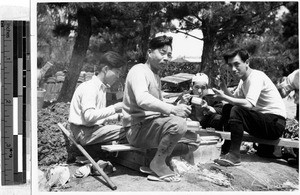 Carpenters eating lunch, Karasaki, Japan, ca. 1937