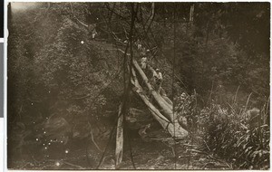 Hermann Bahlburg on a bridge over the river Gaba, Ethiopia, 1929