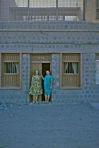 Missionary Nurse Emsy Nielsen in front of her Clinic in Zingabar, Hadhramaut