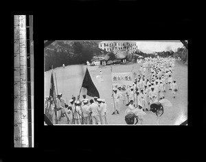 Students preparing for public health parade, Shantou, Guangdong, China, 1923