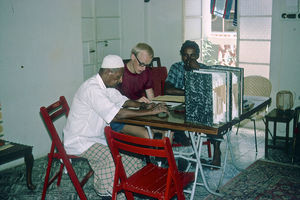 DMS Bookshop Crater, Aden. Accounts are being checked by missionary and coordinator Jørgen Nørg