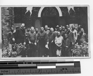 Fr. Dietz and a group of priests and victims of leprosy at Sheklung, China, 1920