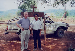 Daniel Wagang and Jørgen Nørgaard Pedersen besides village Church, May 2001