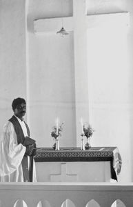 East Jeypore, Orissa, India. Rev. Bancha Nidhi Mohanty at Gunupur Church, 1987