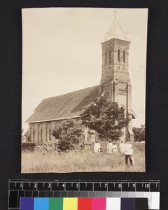 James Sibree outside church, Ambohitrarahaba, Madagascar, ca. 1900