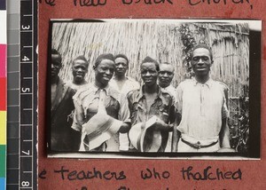 Group portrait of men who built church, Senga Hill, Zambia, 1929