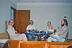 Bishop Thorkild Græsholt and Jørgen Nørgaard Pedersen in conversation with missionary couple Ro