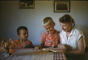 Olav, Arne and Else Heggheim in the living room, Bankim, Adamaoua, Cameroon, 1955-1968