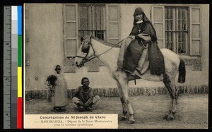 Missionary sister traveling on horseback, Madagascar, ca.1920-1940