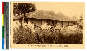 Missionaries and other people outside a mission building, Torpa, India, ca.1920-1940