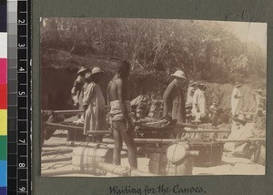 Missionary waiting on river bank for transportation, Madagascar, ca. 1890