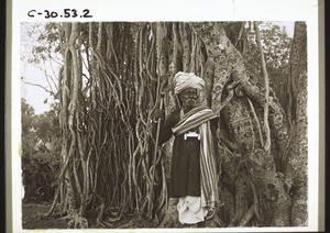 An der Strasse von Hubli nach Dharwar (Indien). Vastrada Shivalingappa, kanaresischer Sprachgelehrter. Hecke von Kaktus - Luftwurzeln des Banianenbaumes