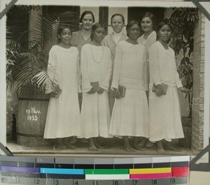 Magna Bogevoll, Karen Schaanning and Ingrid Olsen together with four Malagasy confirmants, Faravohitra, Antsirabe, Madagascar, 1933