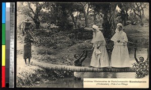 Missionaries crossing a river, Kumbakonam, India, ca.1920-1940