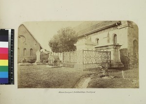 View of memorial church and graveyard, Ambatonakanga, Madagascar, ca. 1870