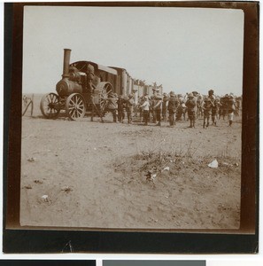Steam tractor delivering wood to the camp near Mafikeng, South Africa, ca.1901-1903