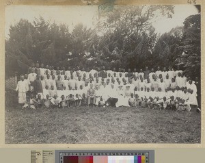 Mission staff and male students, Livingstonia, Malawi, ca.1907