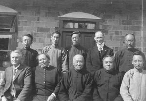 Church Council in Manchuria, May 1931. Bottom row from left John Vyff and Karen Gormsen. Top ro