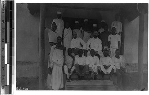 Candidates for baptism. Brother Seibt (l), Brother Löbner (r), Urambo, Tanzania