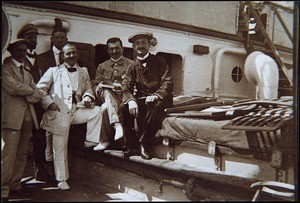 Basel missionaries aboard the 'Lucie Woermann' Sept, 1913 departure for Cameroon, incl Doxie 2. from the left with cap, we don't know who the others are