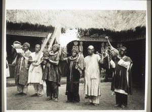 Cameroon, Grassfields. Insignias of empire: sword, a bundle of spears, 3 tobacco pipes and a calabash for palm-wine