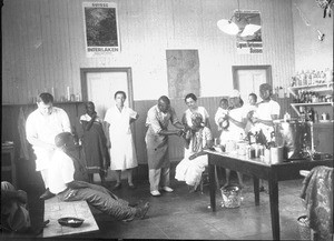 Medical personnel and patients in the clinic of Khovo, Maputo, Mozambique, ca. 1933-1935