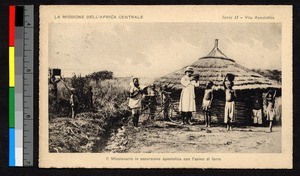 Missionary with bicycle outside hut, Central African Republic, ca.1927