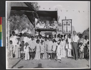 People gathered before a group of musicians, India, ca.1919-1943