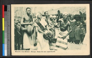 Dancer accompanied by drummers, Congo, ca.1920-1940