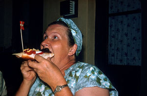 Missionary Karen Olsen is enjoying a Danish open sandwitch in 1959?